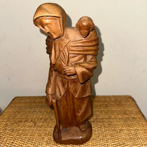 Vintage Religious Mary Jesus Hand Carved Wooden Sculpture Statue Folk Art Decor